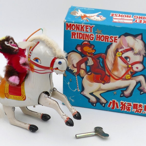 1960's Tin Litho Wind-up Clockwork 'Monkey Riding Horse' Mechanical Toy Original Box