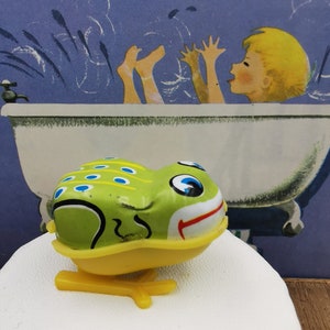 Pair of 1970&#39;s Wind-up Tin Litho Novelty Toy Frogs Hong Kong