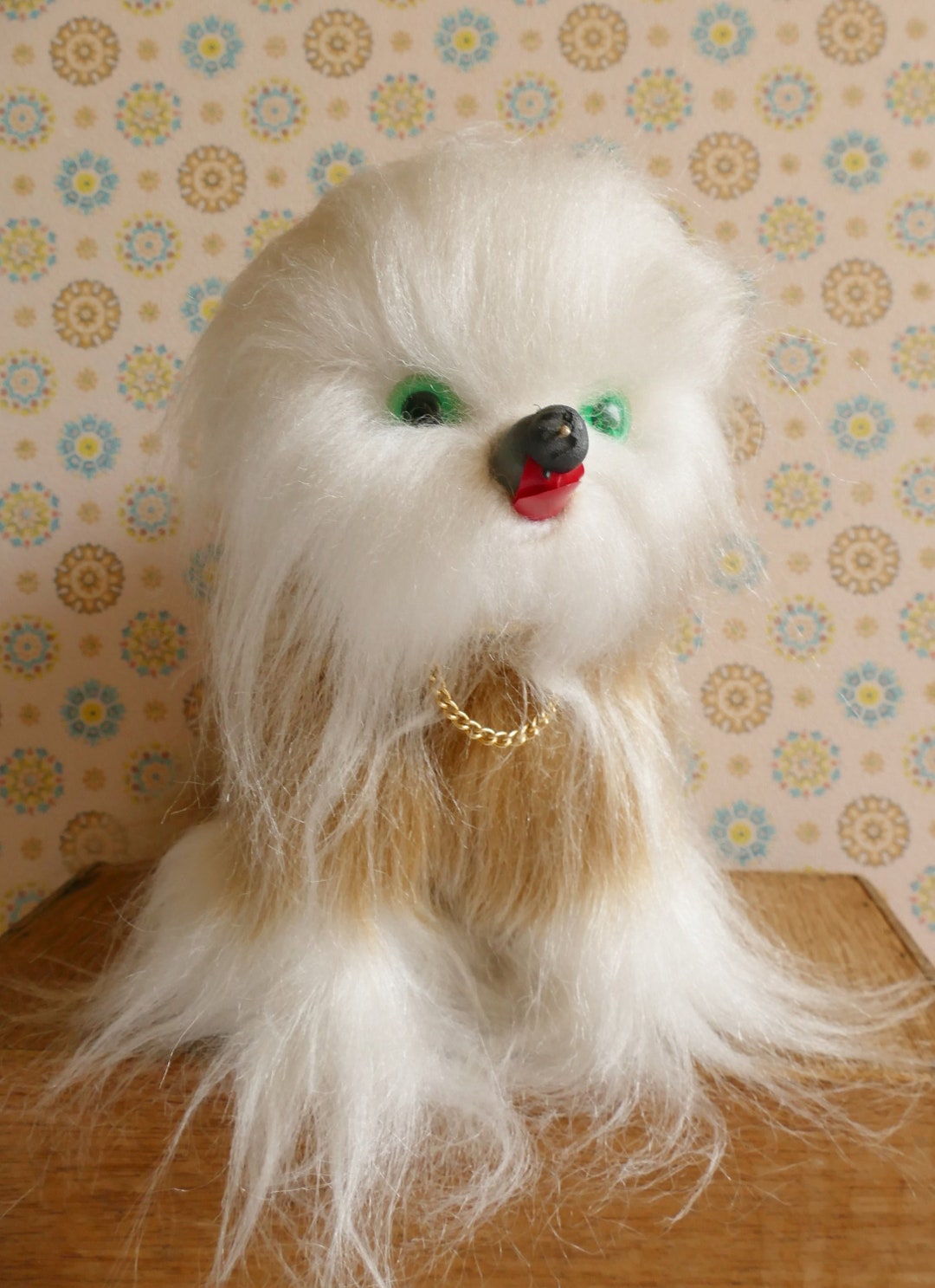 Vintage 1960's Fluffy Brown White Glook Style Dog Soft Toy Bandai