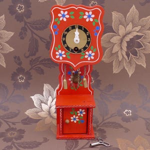 Mid-century Vintage German Black Forest Hand-painted Wind-up Miniature Grandfather Style Clock Folk Art Décor