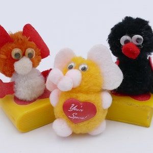 Trio of 1980&#39;s Googly Eye Pom-Pom Novelty Toys Collectibles Pencil Sharpeners Keyring