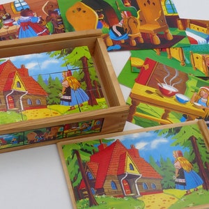 1980&#39;s Children&#39;s Six Sided Wooden Block Puzzle Cube Puzzle Goldilocks and the Three Bears Original Box Vintage
