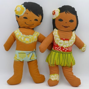 Pair of Vintage Lithographed Hawaiian Pillow Rag Dolls