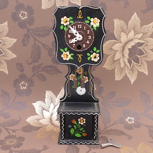 Mid-century Vintage Heico German Black Forest Hand-painted Wind-up Miniature Grandfather Style Clock Folk Art Décor