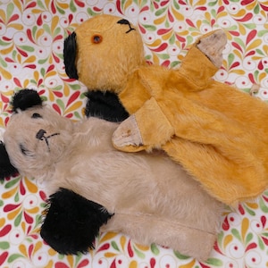 Vintage 1950&#39;s Mohair Sooty and Soo Panda Bear Hand Puppets Chad Valley England
