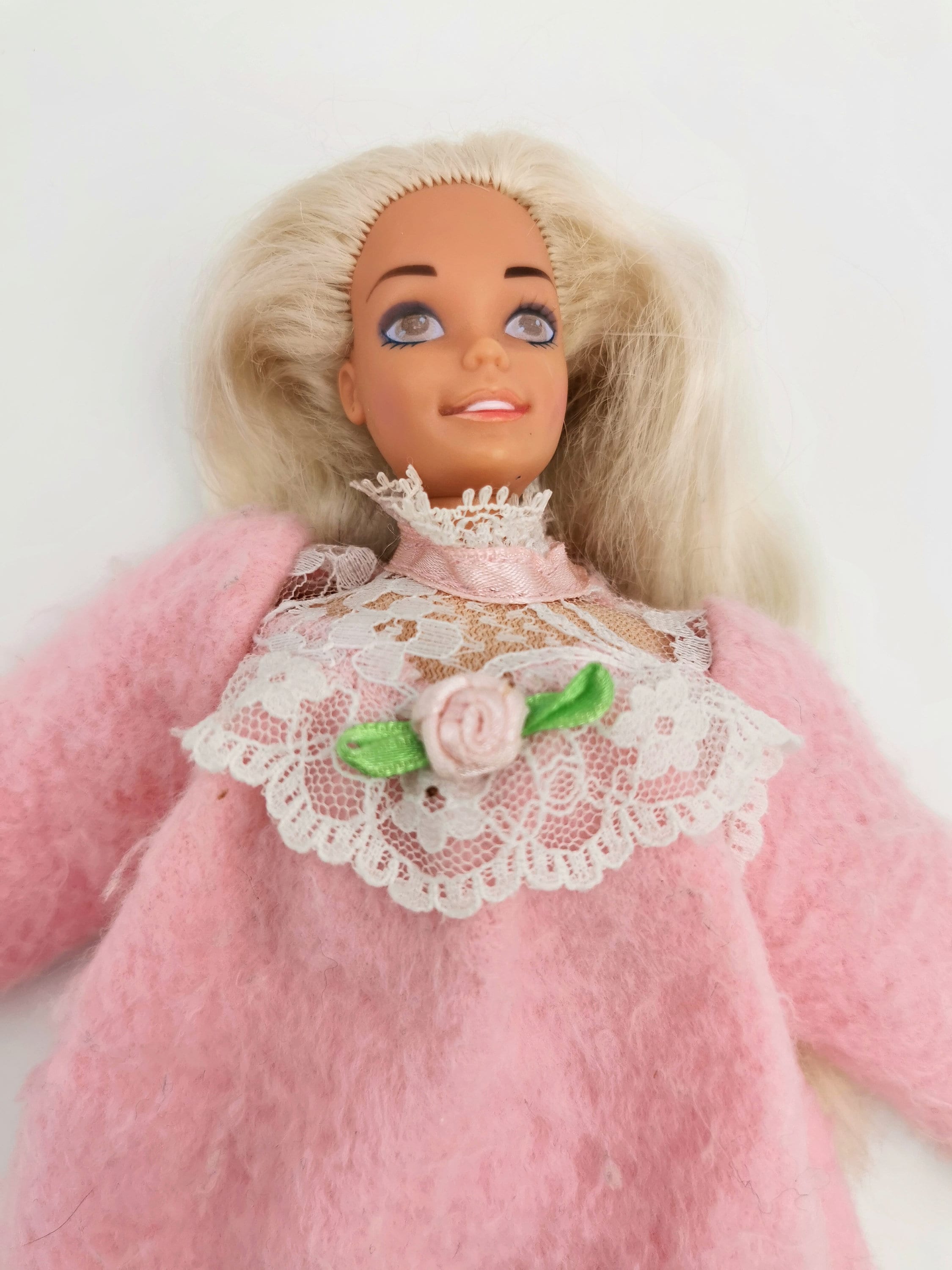 Vintage Barbie Doll Nightgown 1990's Flower Lace Fleece Pink 