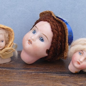 Trio of Antique Vintage Mid-Century Early 20th Century Bisque Porcelain doll heads