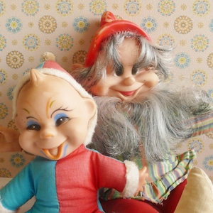 Rubber Face Clown Dwarf Dolls Soft Toys Pair 1960&#39;s