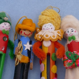 Four Vintage Wooden Handmade Clothespin Peg Doll Figurines Christmas Tree Ornaments