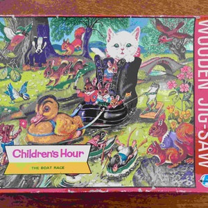 1970er Jahre Vintage Kinderstunde Das Bootsrennen 48-teiliges Holzpuzzle Komplette Originalverpackung