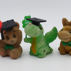 Trio Vintage Flocked Novelty Figurines Message Figurines Good Luck