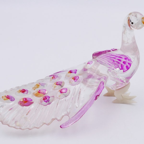 1970's Lucite Crystal Plastic Jumbo Large Peacock Figurine Ornament Penny Toy Carnival Prize Hong Kong