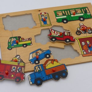 Vintage 1980&#39;s Wooden Transport Themed Shape Puzzle Board Toddler Toy