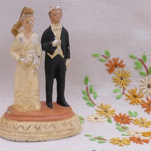 Antique Vintage Early 20th Century 1920's Chalkware Bride Groom Wedding Cake Topper Cake Décor