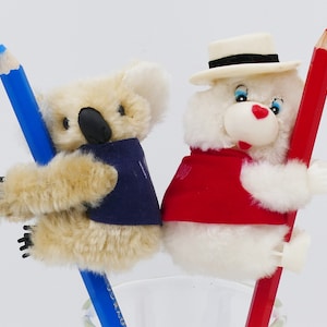 Pair of 1980&#39;s Pencil Huggers Koala Bear Teddy Bear Flocked Waistcoats