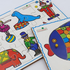 Vintage 1980&#39;s Woodken Shape Puzzle Board Toddler Toy Fish Puzzle Circus Puzzle