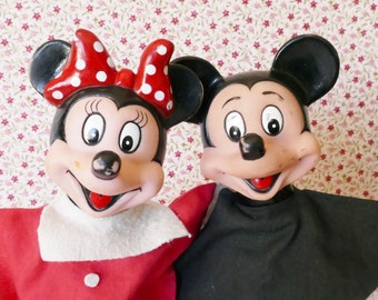 Par de marionetas de mano de Mickey Mouse y Minnie Mouse de Walt Disney de la década de 1980.
