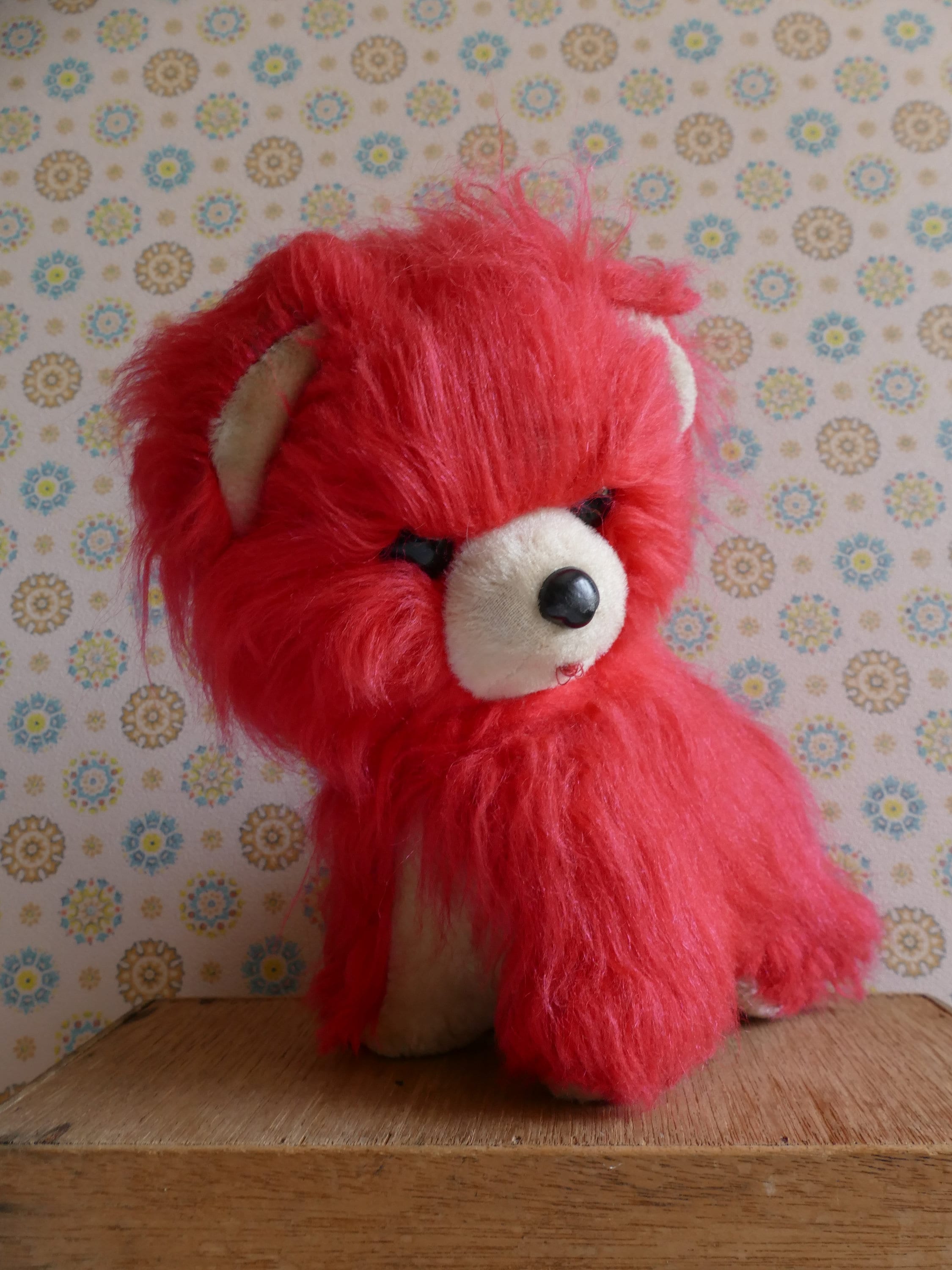 昭和レトロ　TOKYO FUR TOYS 犬　KOBAYASHI ぬいぐるみ Vintage 1960's Fluffy Cerise Red Glook Style Dog Soft Toy Bandai