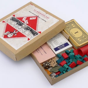 Mid-Century Vintage Waddington&#39;s Mini Box Monopoly Board Game Wood Metal Game Pieces
