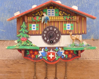 Mid-century Vintage German Black Forest Bavaria Wind Up Wooden Painted Cuckoo Clock Folk Art Décor