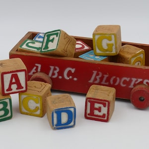 ヴィンテージ ベビー 幼児 木製 ABC アルファベット ビルディング ブロック カート