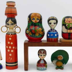 Vintage Wooden Hand-painted Folk Art Doll Figurines