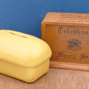 Vintage Wooden Telephone Money Box World Vision Love Loaf Coin Bank Savings Bank Penny Bank