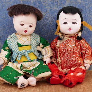 Vintage 1950&#39;s Japanese Gofun Ichimatsu Traditional Boy Girl Cultural Doll Pair