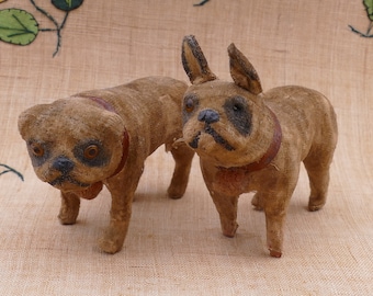 Figurines de chien anciennes du XVIIIe siècle en bois et tissu fabriquées à la main