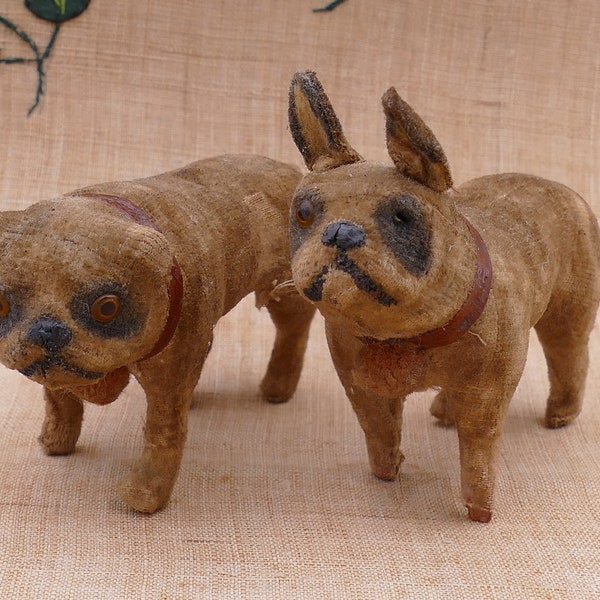 Antique 18th Century Handcrafted Wood Fabric Dog Figurines