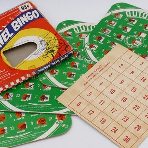 Vintage jaren 50 snelwegreisbingo, kilometers en uren plezier vintage reisspel