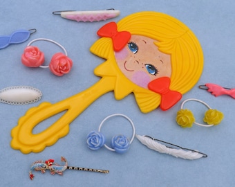 Vintage Pretend Play Yellow Plastic Girl Toy Face Hand Mirror Hair Accessories