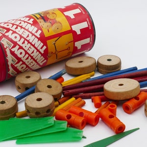 Vintage 1979 Gabriel Tinkertoy Building Construction Toy Set Original Canister