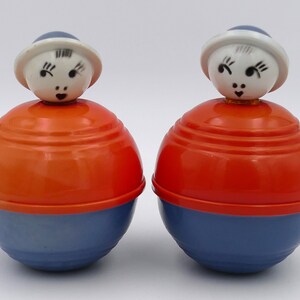 Pair of 1960&#39;s Vintage Celluloid Roly Poly Chime Rattle Clown Baby Toys Baby Décor