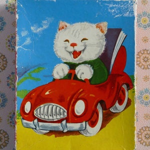 Vintage 1960&#39;s Holzpuzzle &#39;Kätzchen fährt rotes Sportauto&#39;