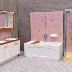 1970&#39;s Pretend Play Toy Lundby Dollhouse Bathroom Furniture Set Shower Bath Basin Cupboard Sweden
