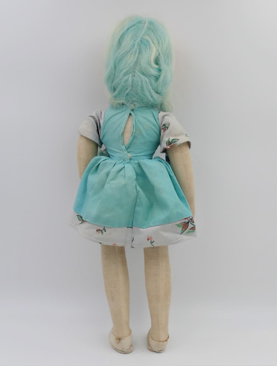 1950's Vintage Blue Haired Hand-painted Celluloid Face Sawdust