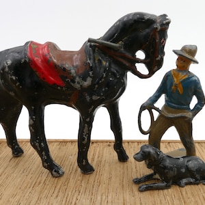 Mid-Century Early 20th Century Antique Cast Iron Lead Cowboy Horse Dog Figurines