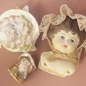 Trio of Antique Vintage Mid-Century Early 20th Century Bisque Porcelain doll heads