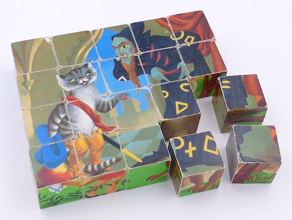 Mid-century 1950's Fairy Tales Children's Six Sided Wooden Block