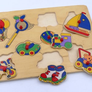 Vintage 1980&#39;s Wooden Toy Themed Shape Puzzle Board Toddler Toy