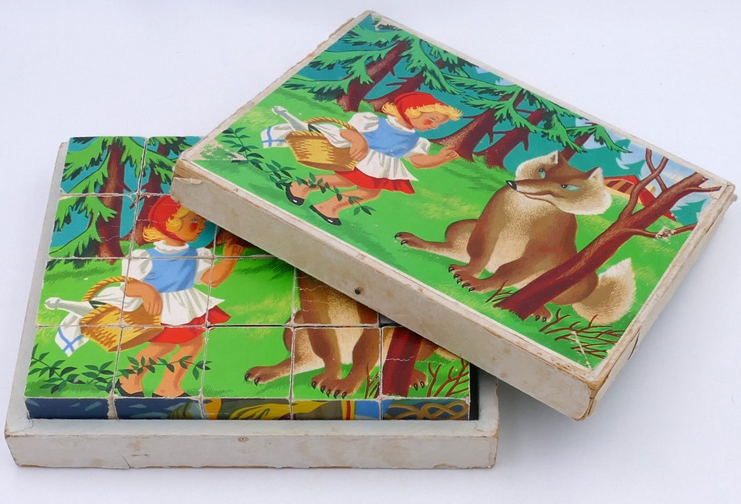 Mid-century 1950's Fairy Tales Children's Six Sided Wooden Block