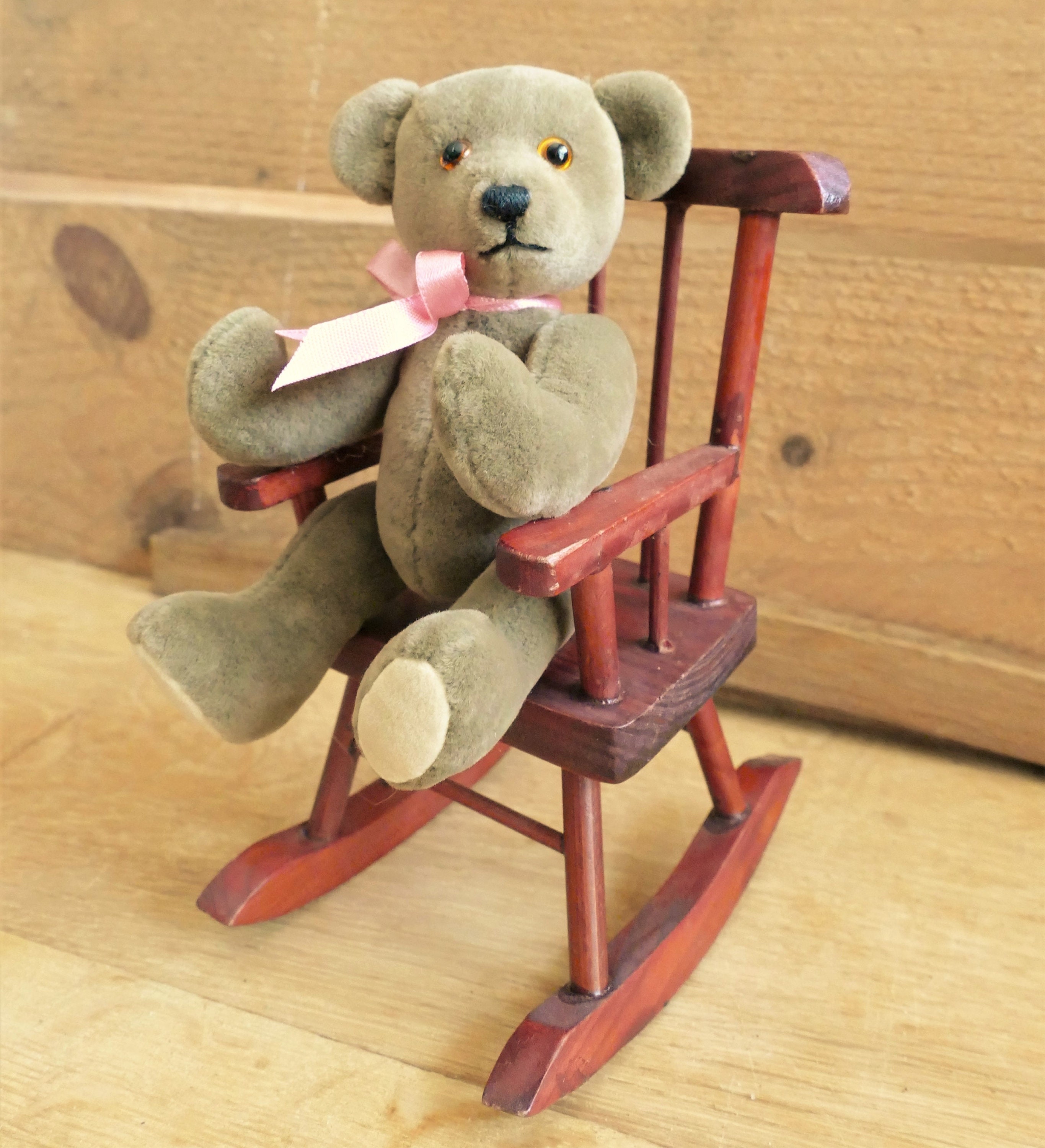 Vintage 1980 s Miniature Velveteen Jointed Teddy Bear With Wooden Rocking Chair Etsy