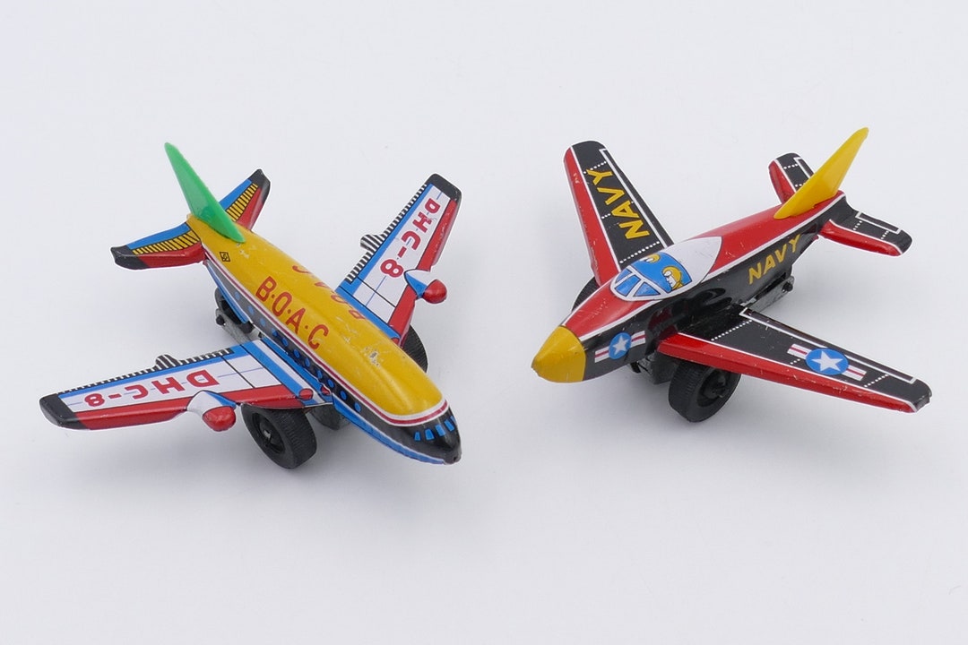 Pair Tin Litho Japan 1950's Friction Toy Airplanes