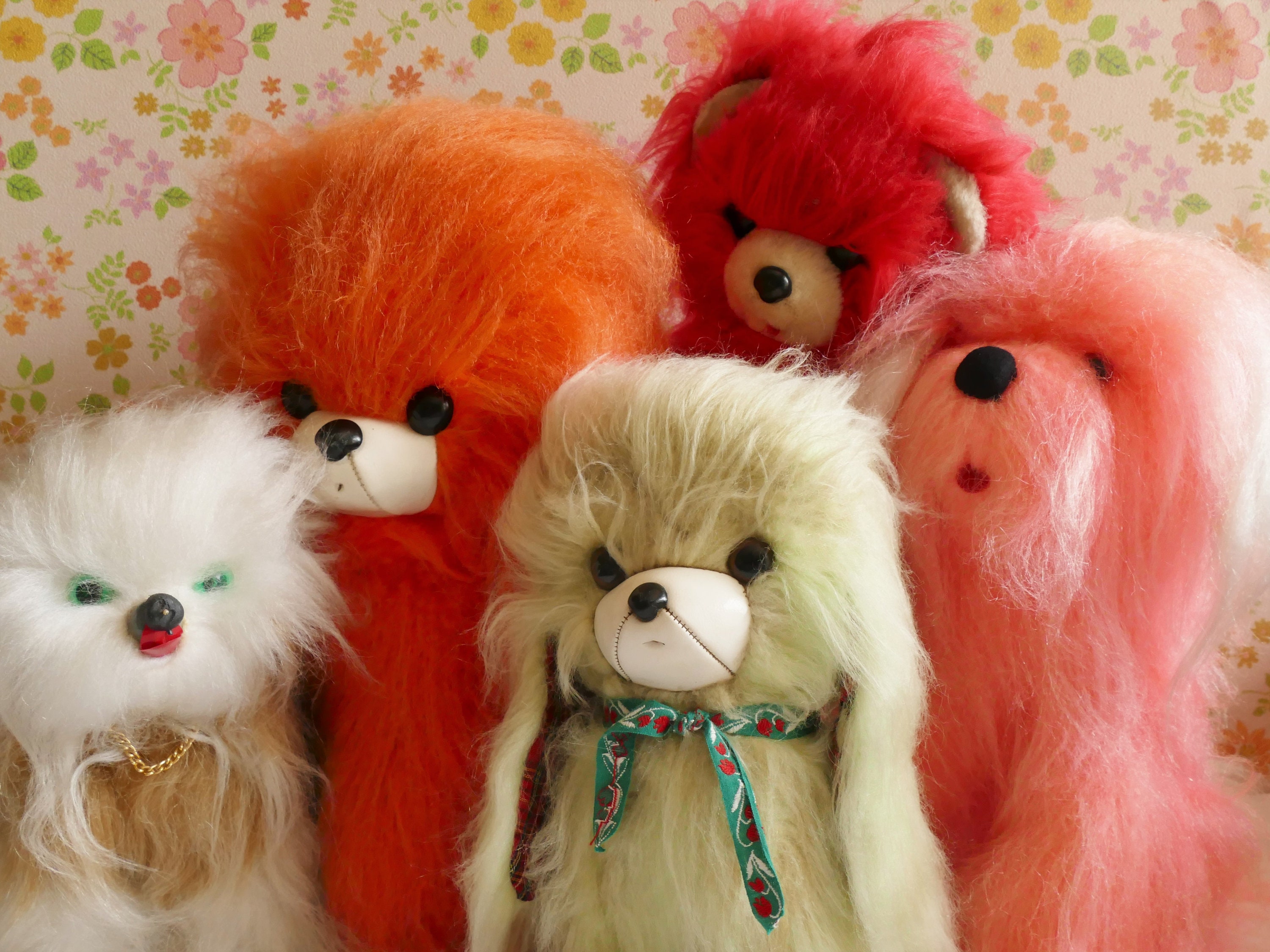 Vintage 1960's Fluffy Cerise Red Glook Style Dog Soft Toy Bandai