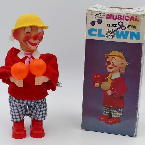 1960's Musical Wind-up Clock Work Maracas Playing Clown Toy Figure Hong Kong Original Box