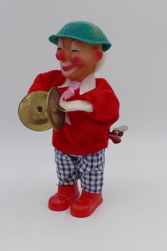 1960's Musical Wind-up Clock Work Cymbal Playing Clown Toy