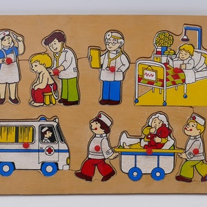 Vintage 1980&#39;s Wooden Hospital Themed Shape Puzzle Board Toddler Toy