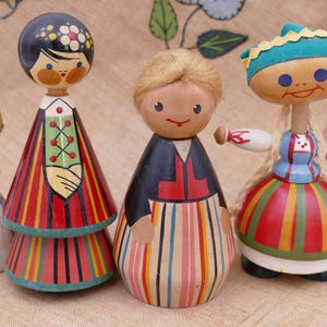 Vintage Wooden Hand-painted Folk Art Doll Figurines