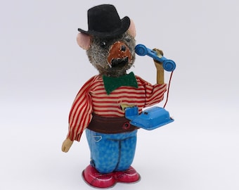 Vintage 1950's Wind-up Clockwork Tin Litho Tinplate Lithographed Telephone Bear Toy Japan
